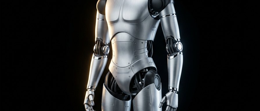 Close-up of a humanoid robot torso and hands in brushed aluminium
