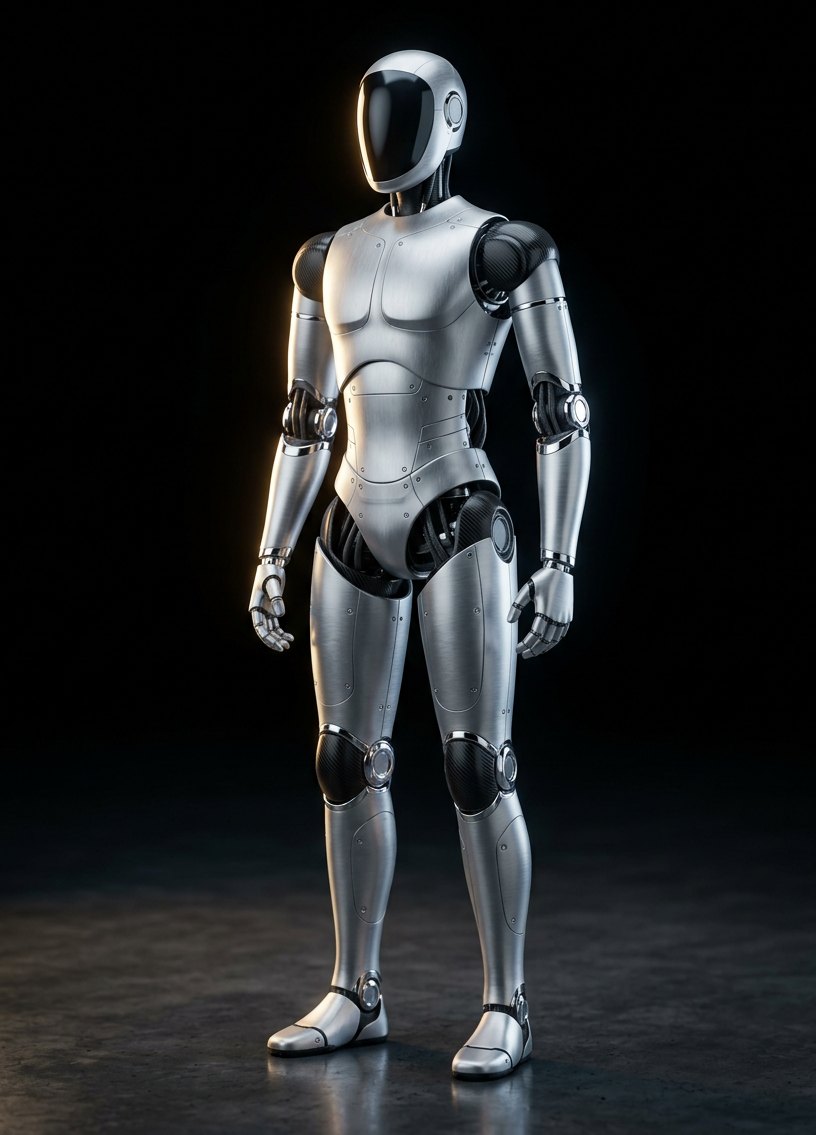 A general-purpose humanoid robot in brushed aluminium standing in a dark studio